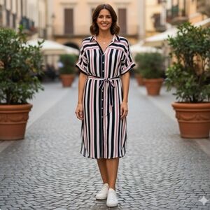 {En Creme} Belted Striped Dress - Size 18